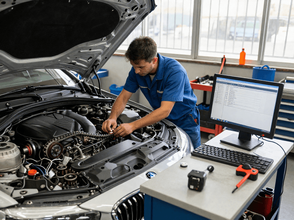 Chiptuning Hannover: Fachmann prüft BMW-Motor in professioneller Werkstatt