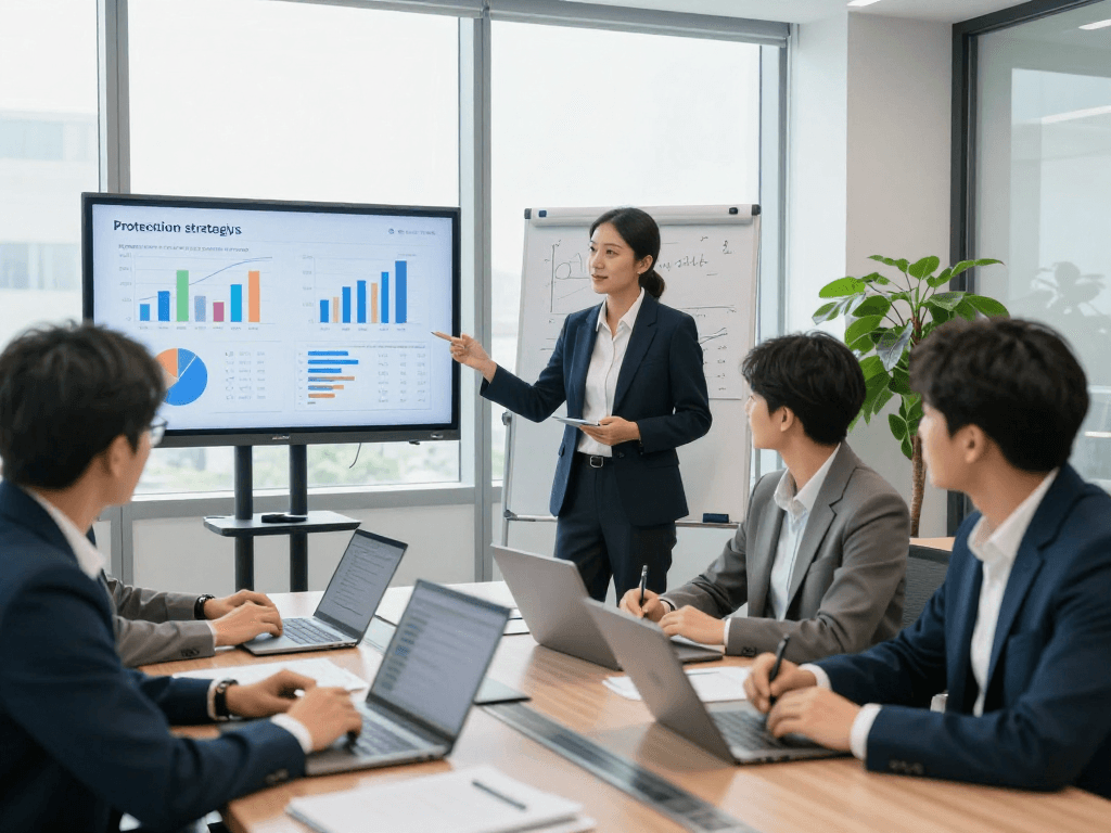 Startseite - Business consultant presenting data protection strategies in a modern office.
