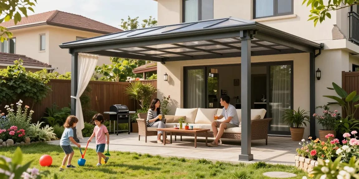Freistehende Terrassenüberdachung in einem Garten, eine Familie genießt einen sonnigen Nachmittag.