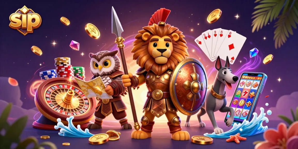 Engage with sip-themed casino excitement, featuring a Spartan lion, owl, and greyhound amidst stunning game elements.