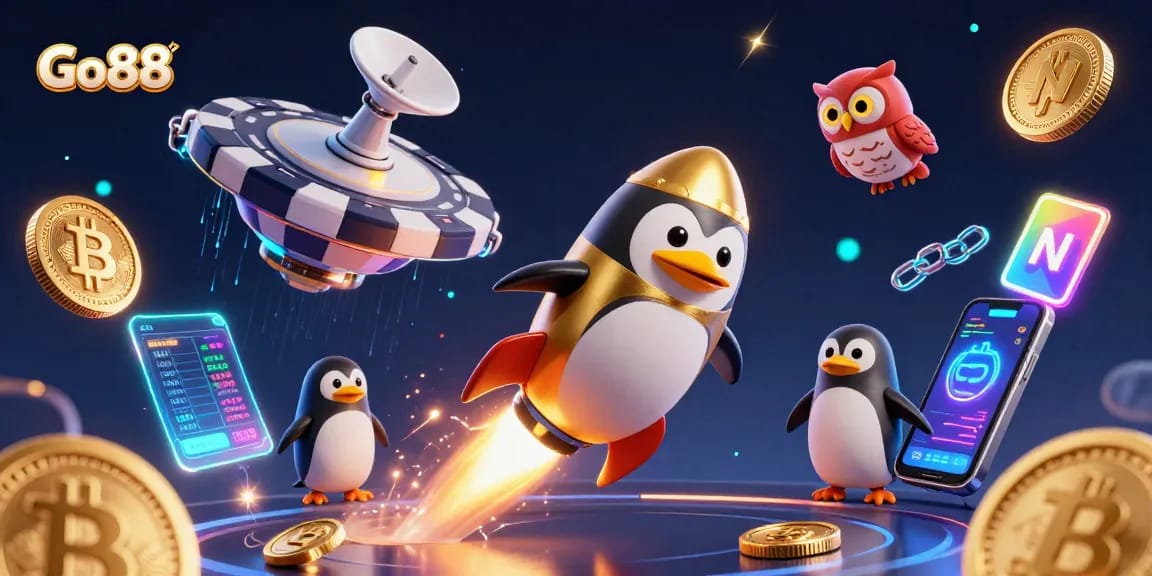 Spin the reels at Go 88, where the golden penguin embarks on an exciting cosmic adventure!