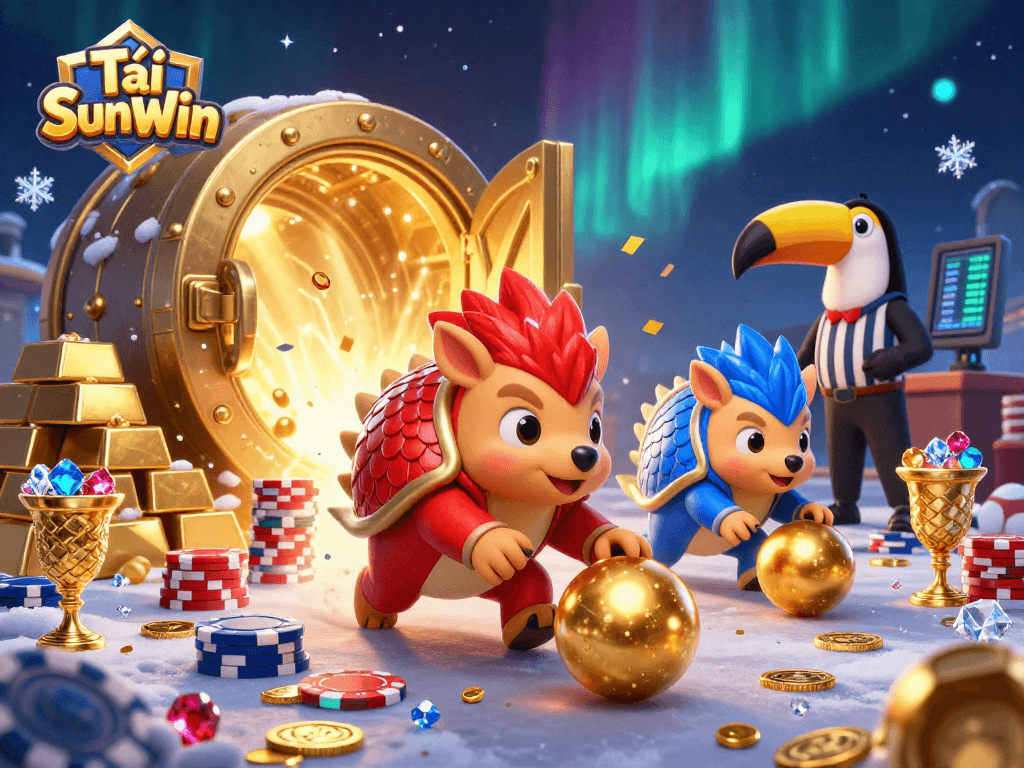 Tải SunWin showcases rival pangolins in a thrilling casino scene with poker chips and gold treasures.