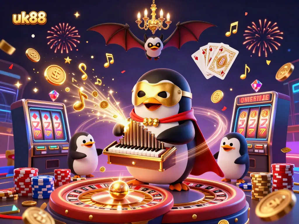 Experience thrills with uk88 as a cartoon penguin plays an organ amid a gold coin explosion in a vibrant casino.