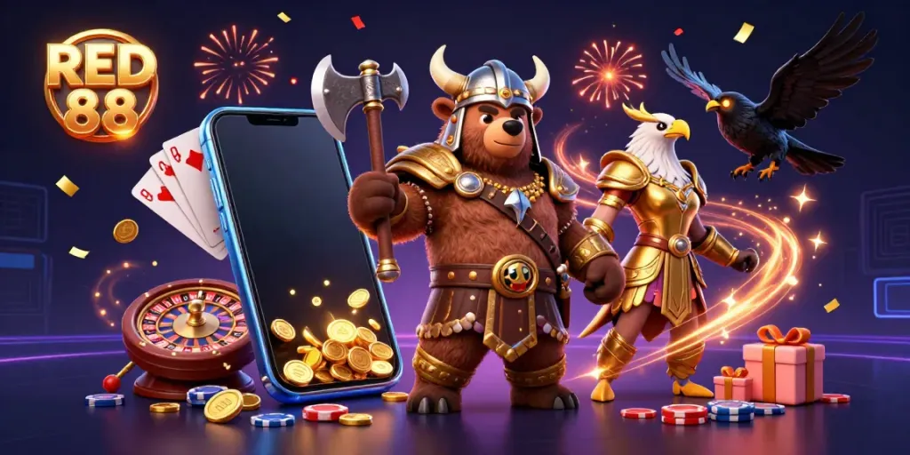Experience thrilling action at RED 88 with the Viking bear and Valkyrie eagle in a dynamic casino setting.