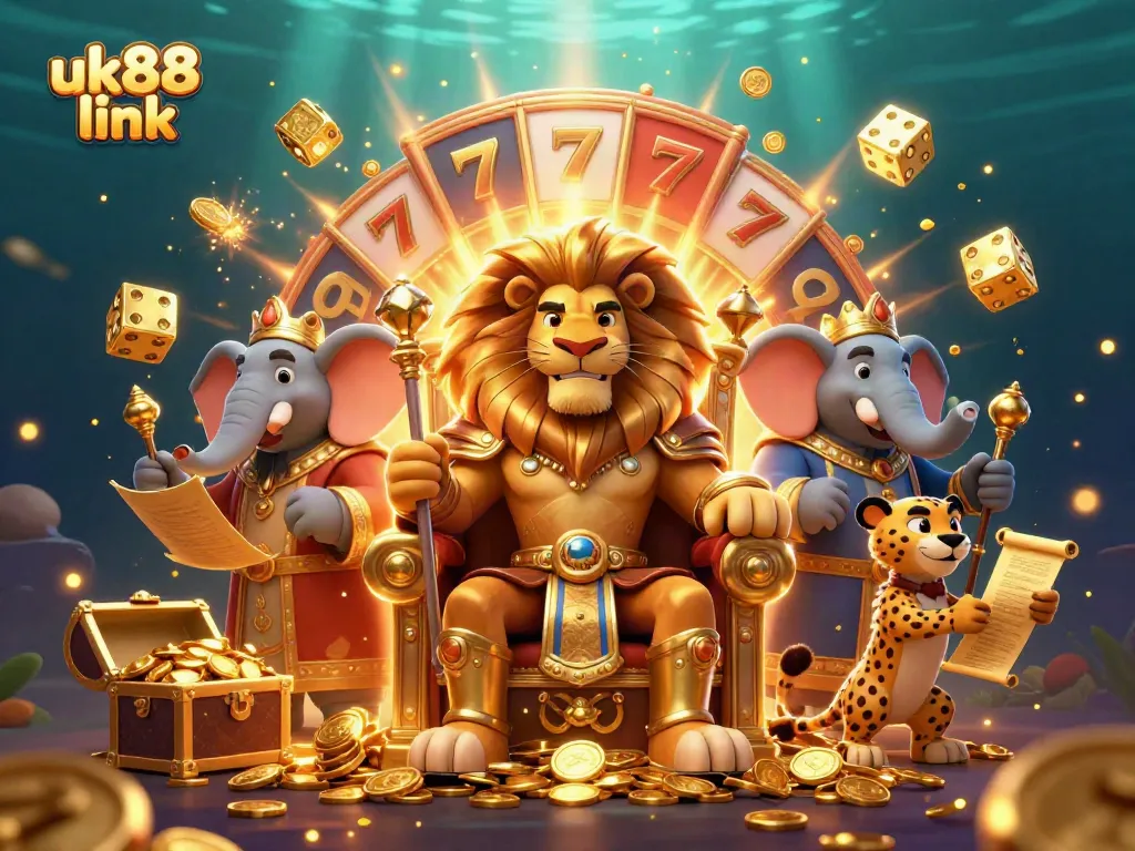 Play exciting games at the uk88 link casino, featuring a vibrant 3D scene with animated characters and dynamic slot elements.