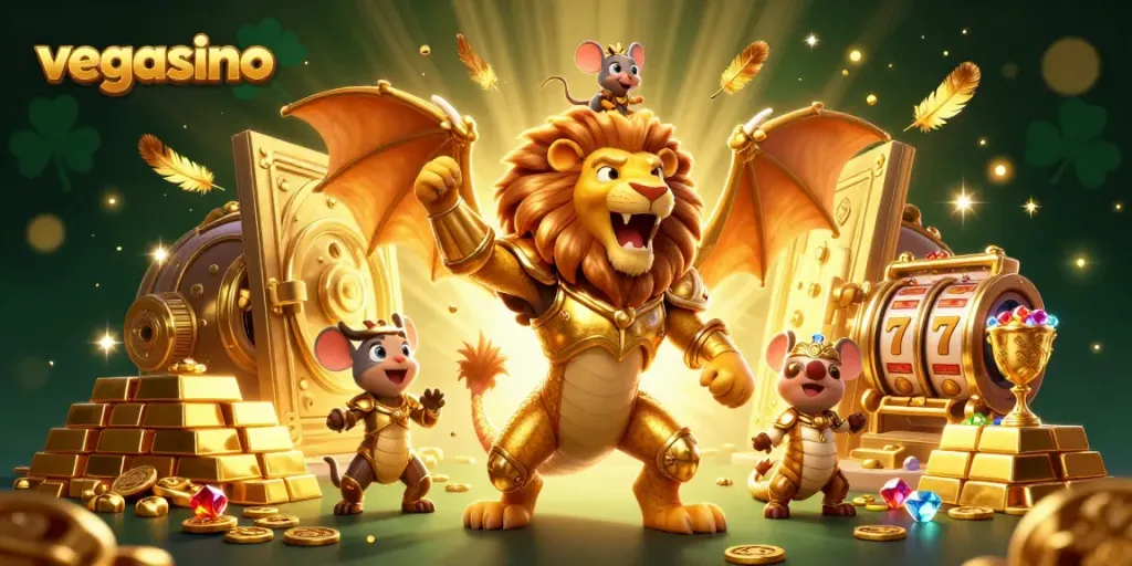 Engage with exciting vegasino gaming, featuring a golden chimera and treasures illuminating the scene.