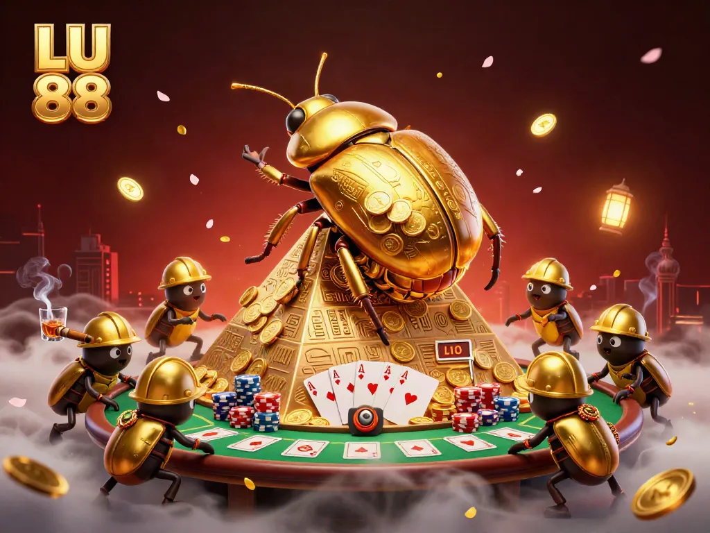 Experience thrilling gameplay at LU 88 with golden coin rolls and poker chip towers in vibrant casino scene.