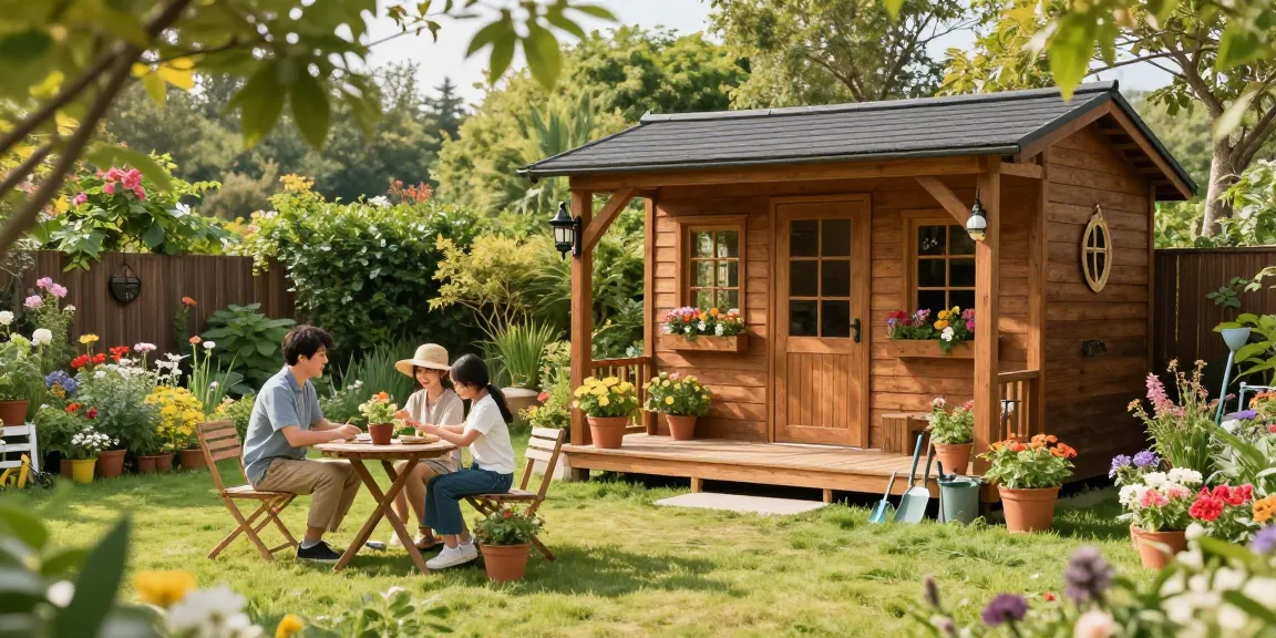 Schönes Garten Haus im Freien mit Blumen und Familie, die im Garten entspannt.