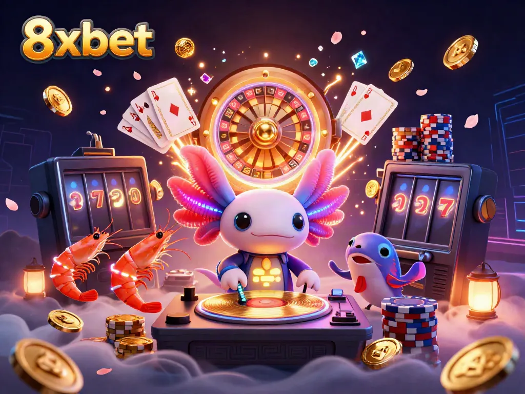 Experience gaming excitement with 8xbet's neon-colored aquatic characters in vibrant casino style.