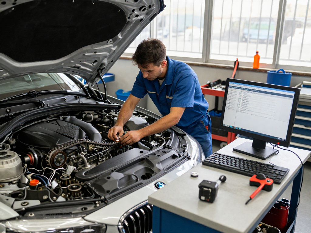 Chiptuning Hannover: Fachmann prüft BMW-Motor in professioneller Werkstatt