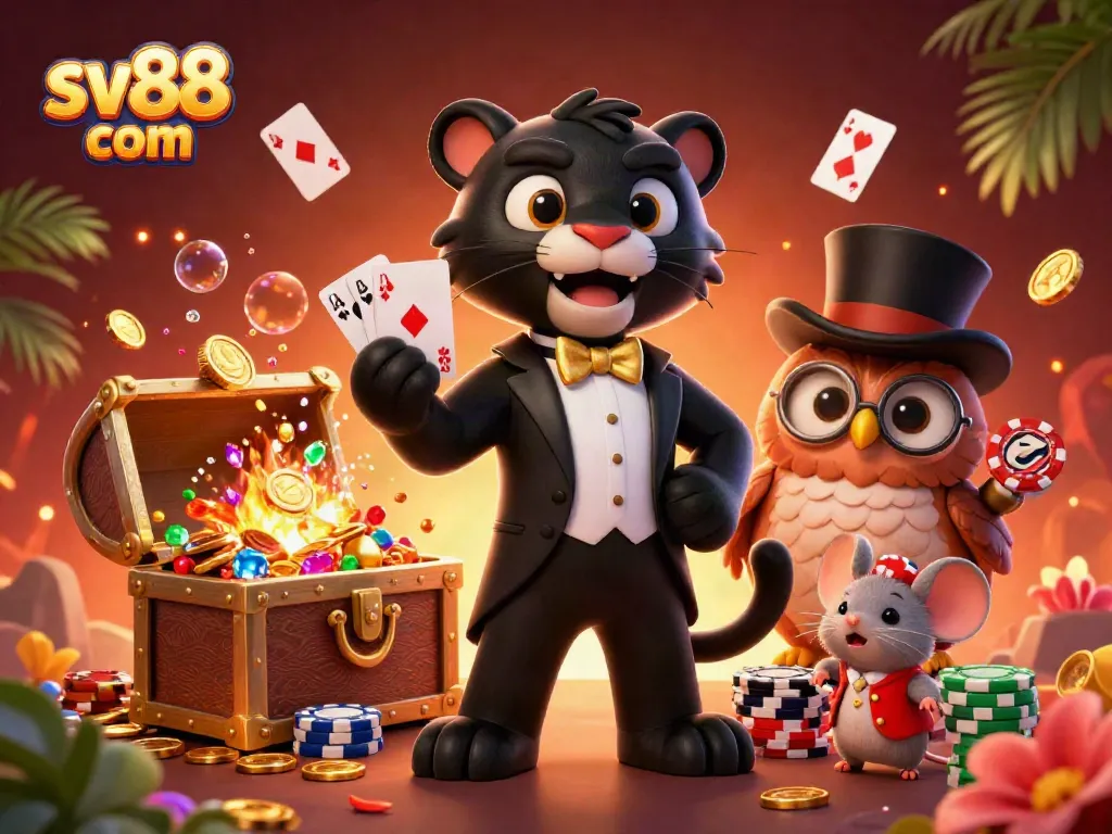Experience the thrill at sv88 com, featuring a stylish panther dealer amid vibrant casino elements.