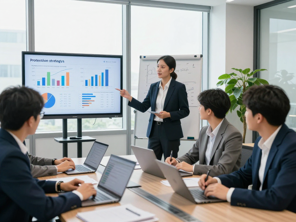 Startseite - Business consultant presenting data protection strategies in a modern office.