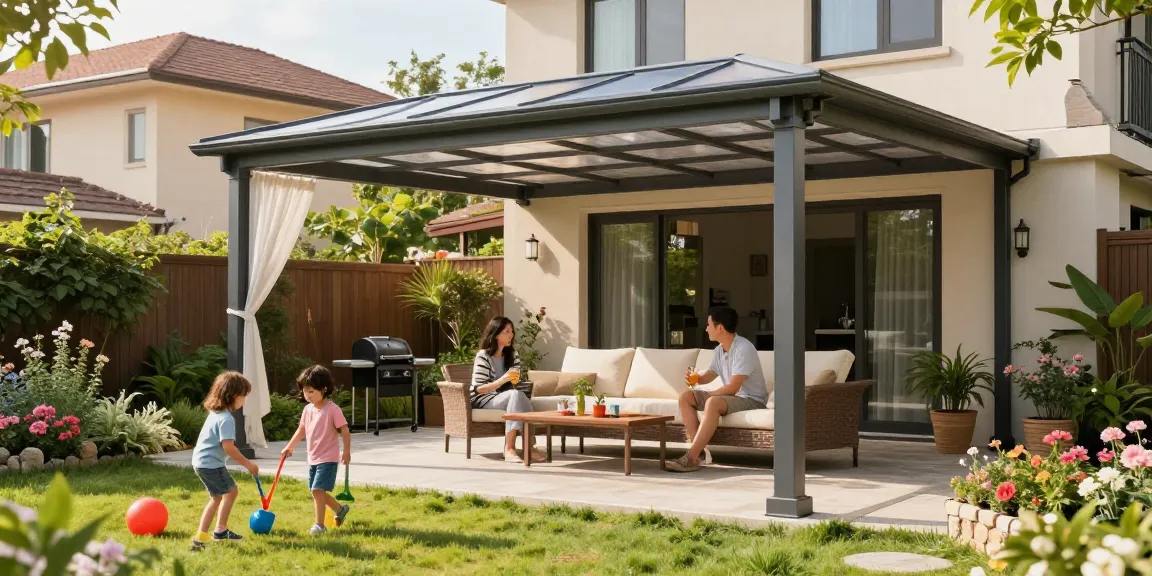 Freistehende Terrassenüberdachung in einem Garten, eine Familie genießt einen sonnigen Nachmittag.
