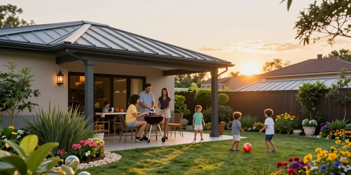 Terrassenüberdachung in einem gemütlichen Garten mit Familie und spielenden Kindern