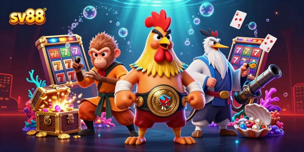 Experience thrilling moments at sv88 with a dynamic scene of a rooster, monkey, and crane master amid slot reels and treasures.