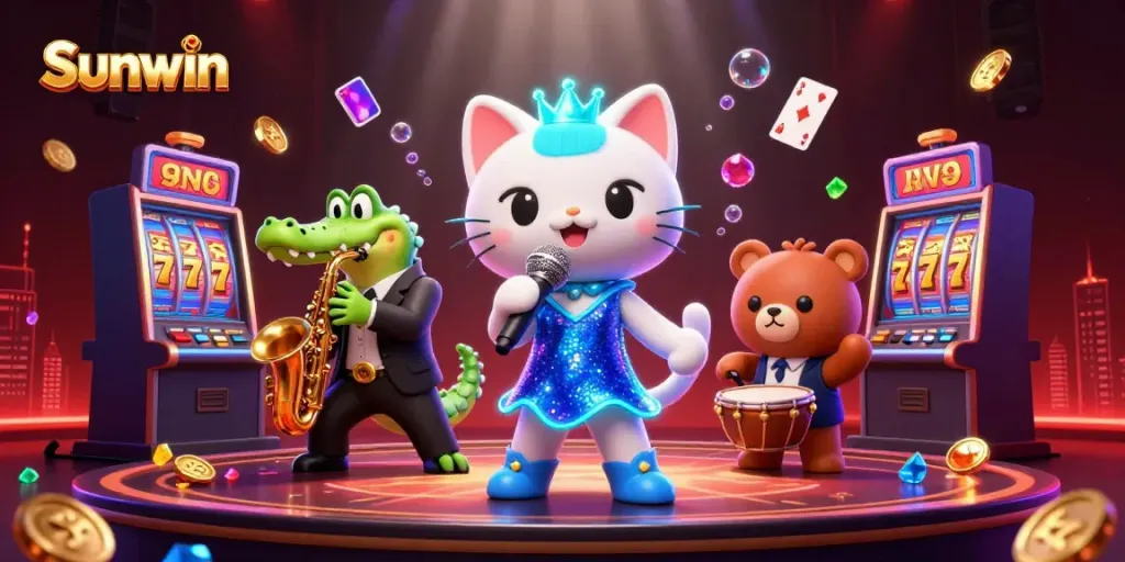 Spin the reels at Sunwin's vibrant casino, featuring an engaging jazz-singer cat and dynamic gaming action.