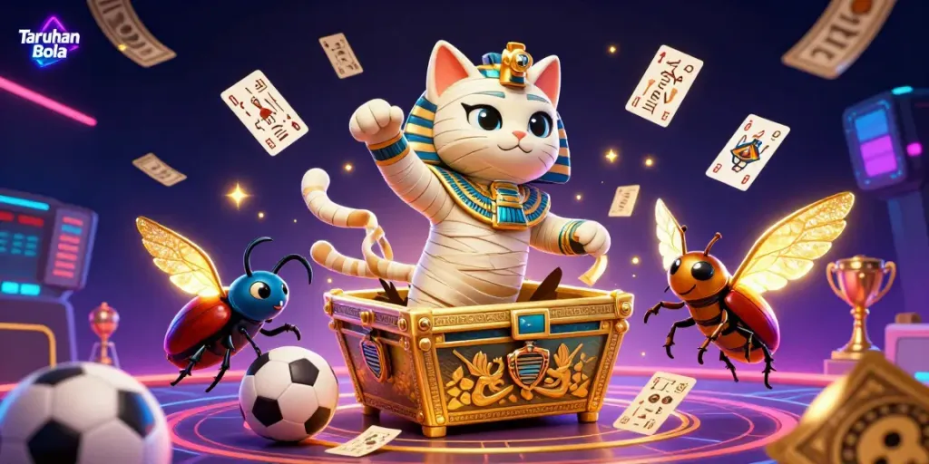 Bet on Taruhan Bola with lively 3D attractions including mummy cat, trophies, and sports balls.