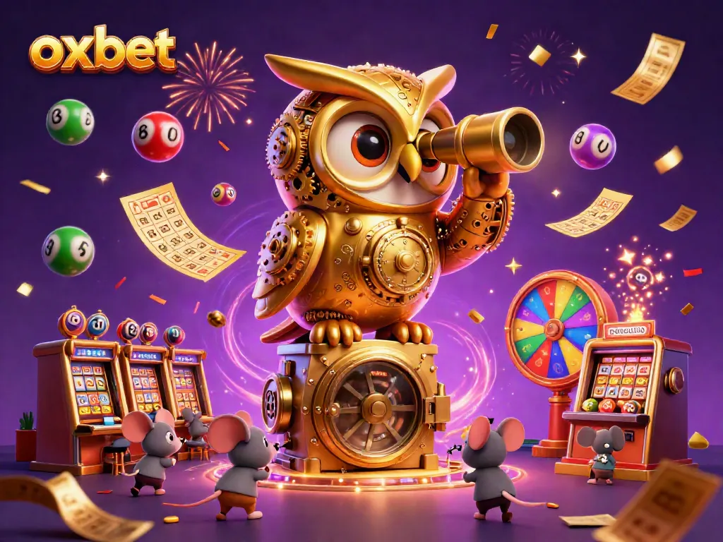 Engage with OXBET's thrilling casino excitement under the watchful gaze of a clockwork owl.
