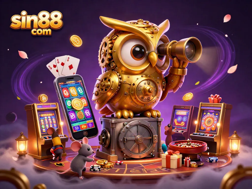 Enhance your gameplay thrills with sin88 com's vibrant casino ambiance featuring a golden owl and animated dynamics.