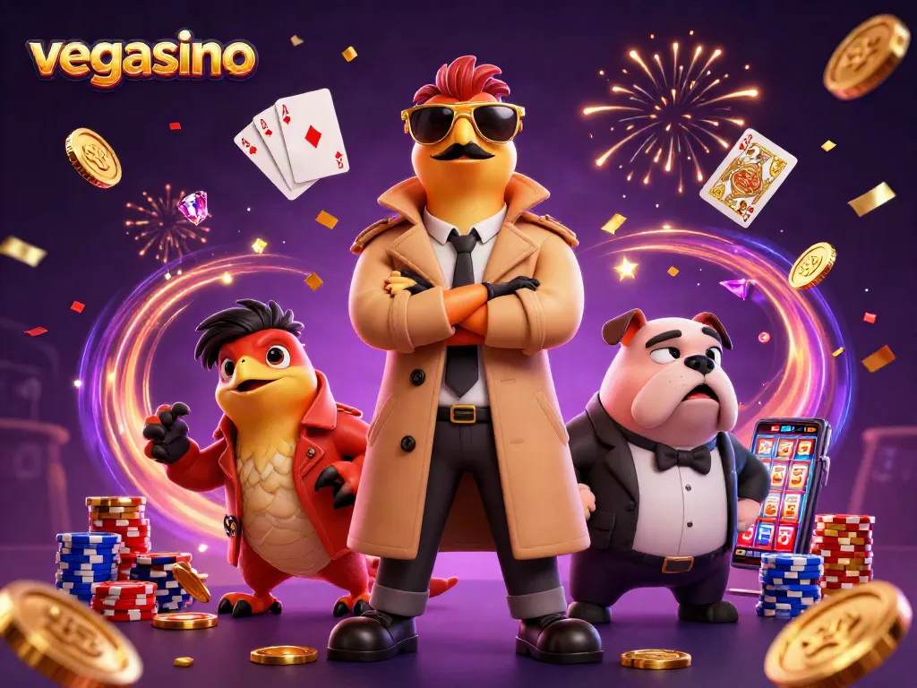 Catch a glimpse of vegasino with vibrant 3D raptors scheming for casino entry, surrounded by dynamic gameplay elements.