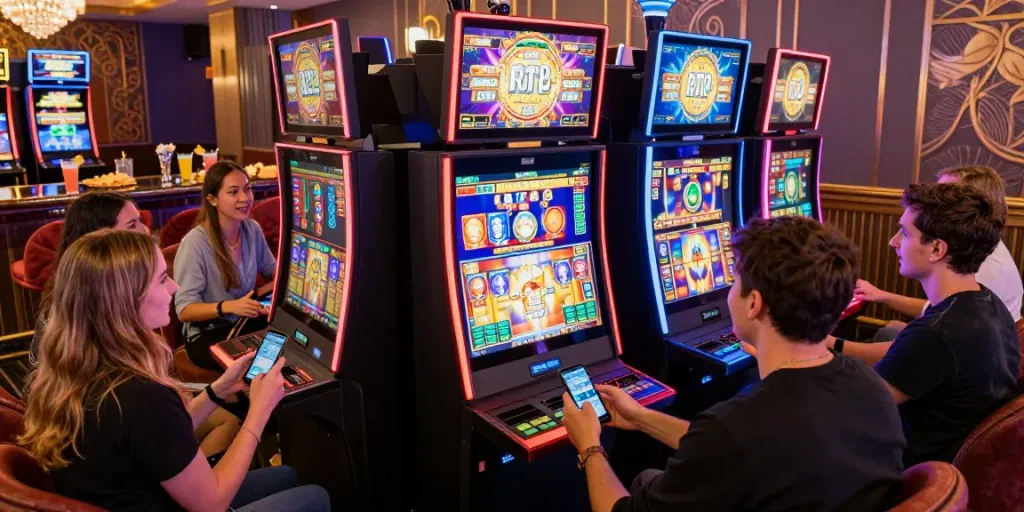 Exciting gaming atmosphere showcasing rokok88 rtp slot experience with vibrant players and engaging technology.