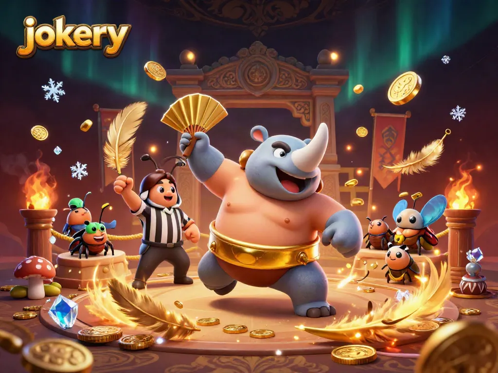 Experience exciting gameplay at jokery as a sumo beetle champion stomps, sending coins flying.