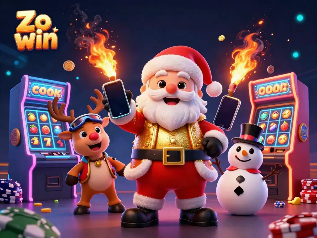 Join the fun at Zo win with Santa and friends celebrating casino jackpots in a vibrant scene.