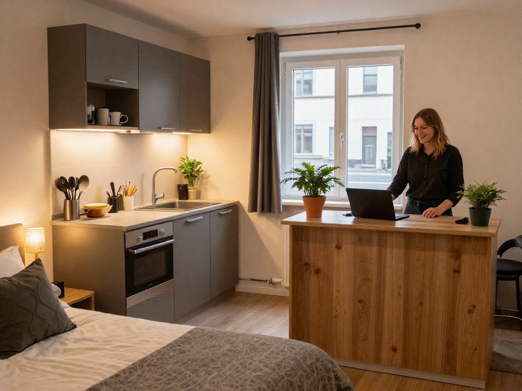 Gemütliches Monteurzimmer in Hannover mit voll ausgestatteter Küche und einladendem Design für Geschäftsreisende.