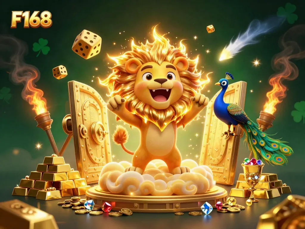 Experience the excitement of F168’s online casino with a cartoon lion, golden dice, and treasure-filled background.