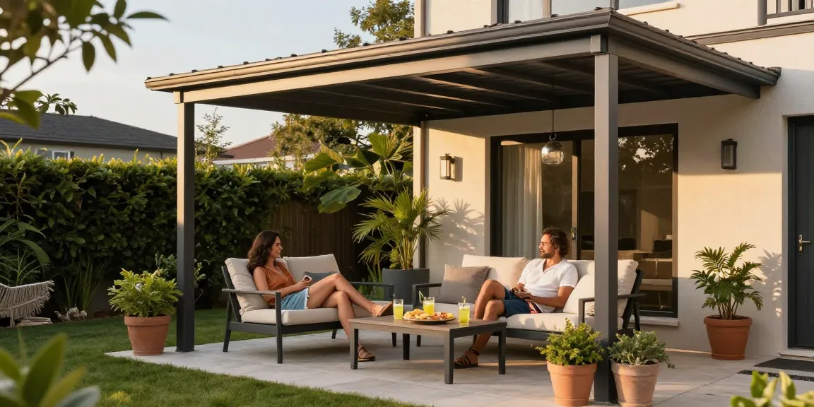 Moderne Terrassenüberdachungen aus Aluminium in einem einladenden Garten mit entspannten Menschen.