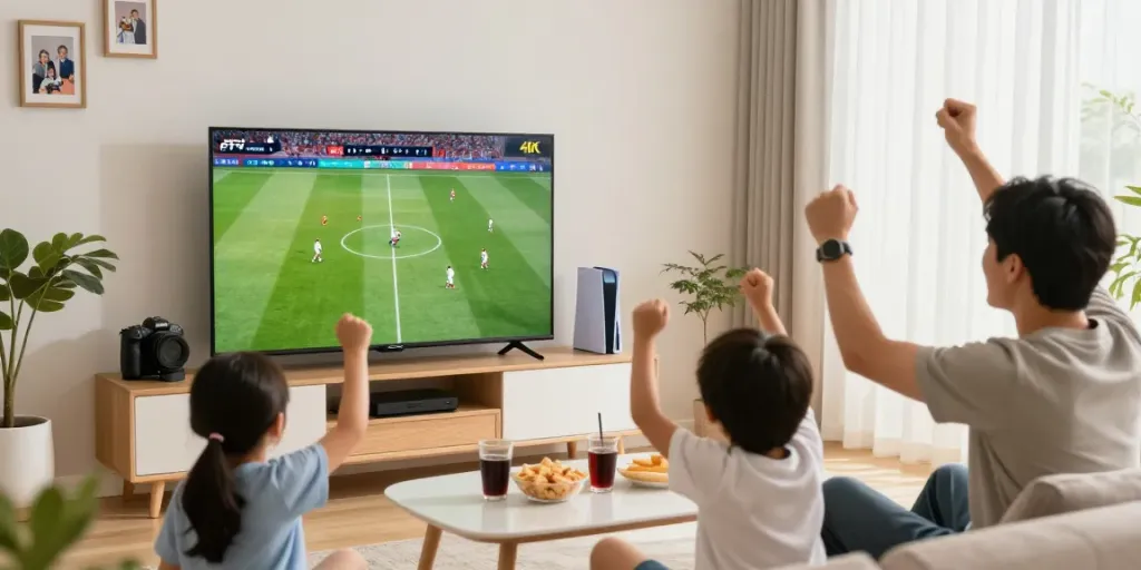 Family enjoying football via IPTV Abo kaufen in their cozy living room, vibrant atmosphere.