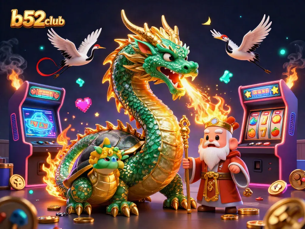Experience the thrill of b52club with a mythical jade dragon and lucky symbols in a vibrant casino scene.