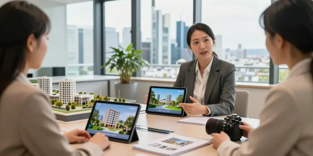 Bester Immobilienmakler Frankfurt präsentiert elegante Immobilien mit modernen Büro und Stadtblick.