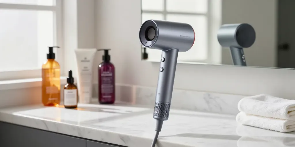 Test Haartrockner in modernem Badezimmer mit Stylingprodukten und eleganter Atmosphäre