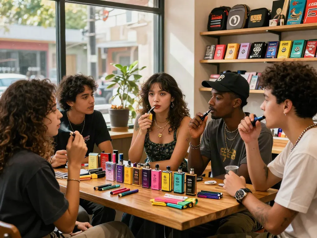 Friends enjoying rokok88 super products in a cozy smoke shop with colorful merchandise and inviting atmosphere.
