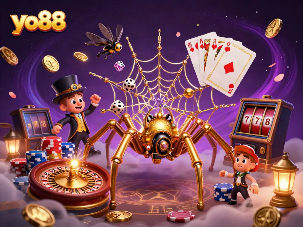 Experience the excitement of yo88 with a golden spider, sparkling gems, and dynamic casino elements.