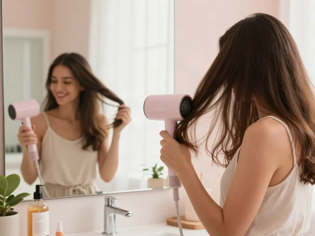 Eine Frau verwendet einen ionen Föhn in einem eleganten Badezimmer, während sie ihr glänzendes Haar frisiert.
