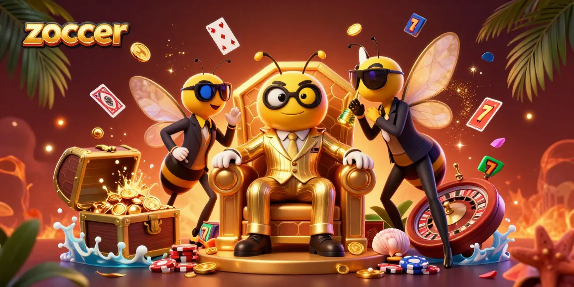 Zoccer's vibrant casino experience showcases a bumblebee mob boss surrounded by festive gaming symbols and rich visuals.