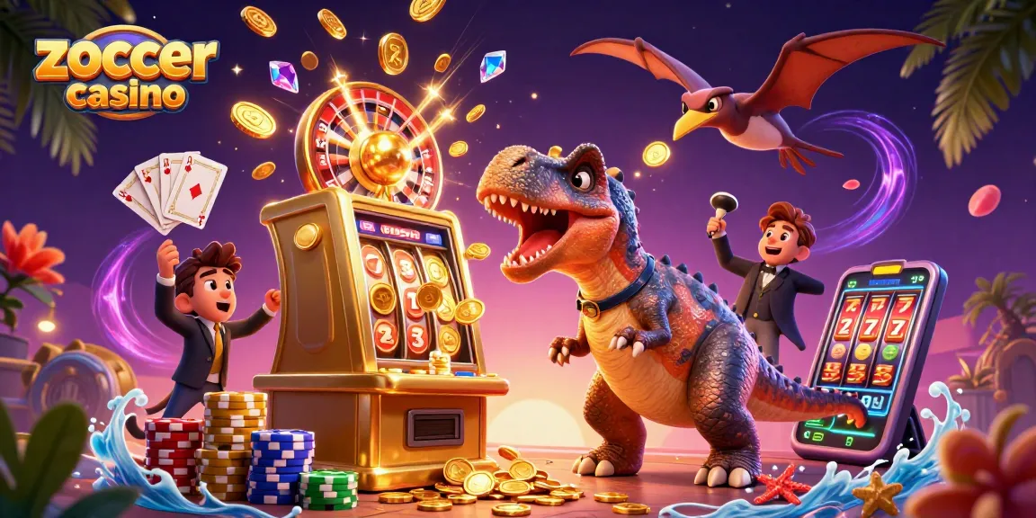 Engaging zoccer casino scene with dinosaur characters winning jackpot coins and a backdrop of vibrant casino elements