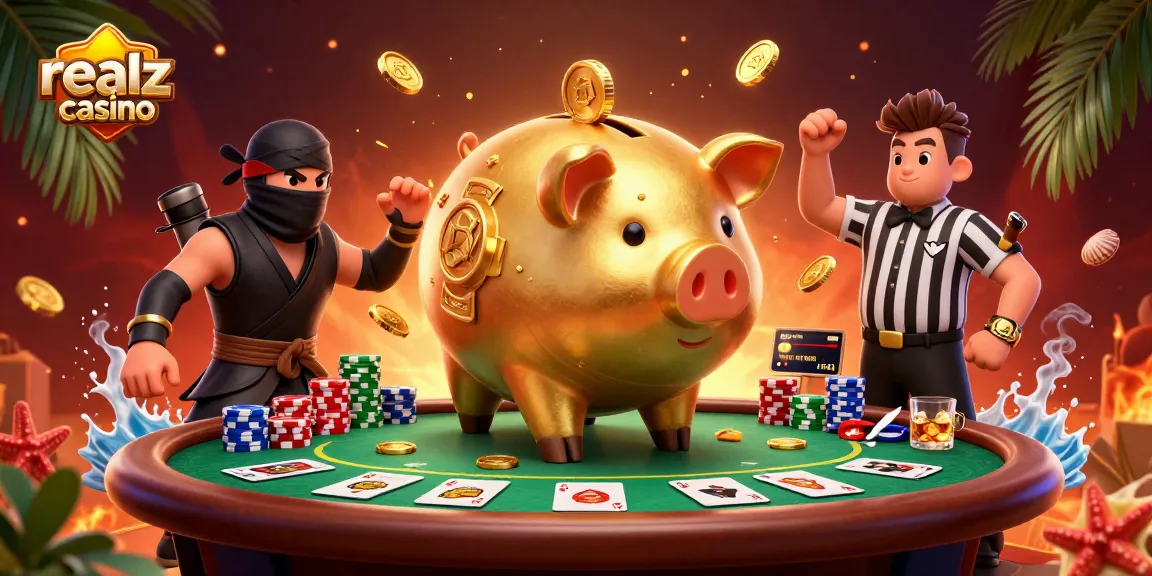 Realzcasino: Echtgeldspielen mit spaßiger 3D-Illustration von Casinospielern und Pokerchips