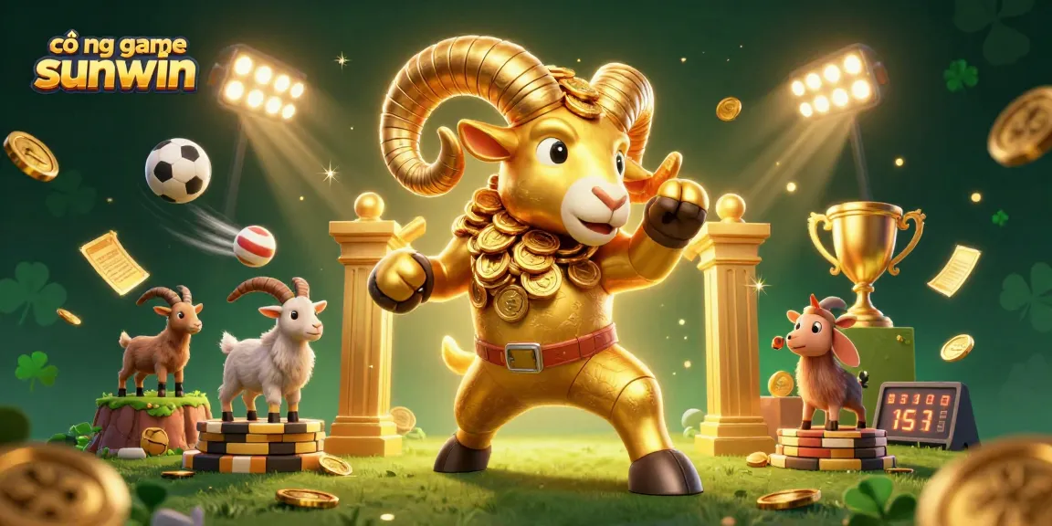 Engage with the vibrant cổng game sunwin 3D scene featuring a golden ram charging through a magical golden gate, surrounded by dynamic sports elements.